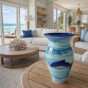 Signed Bermuda Clayworks Dolphins Blue Ombre Vase 9" Hand Painted Beach READ